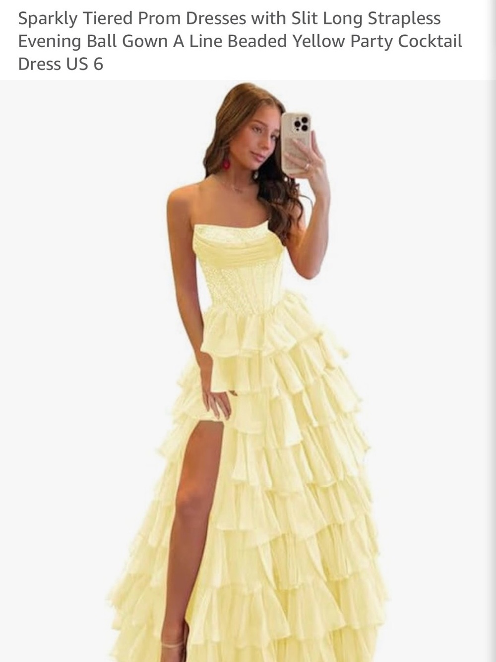Amazon Strapless Yellow Tiered Ruffle Prom Gown with High Slit